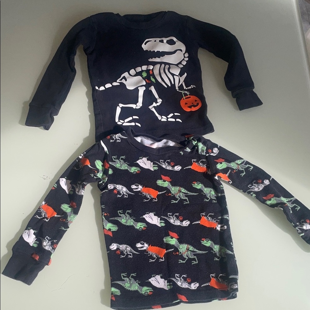 Glow in the dark Dinosaur Skeleton and T-Rex long sleeve Halloween tops. 2T